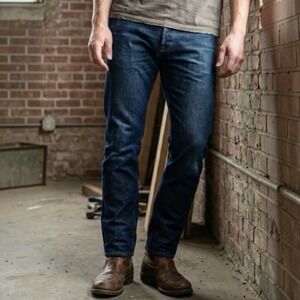 Buck Mason Maverick Slim Jeans Mens 34x32 Blue Double Dipped Dark Wash